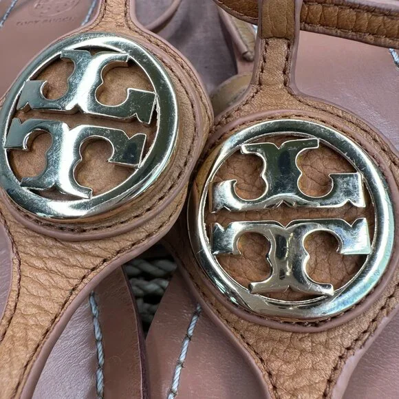 Tory Burch Leticia Ankle Strap Logo Thong Sandal Tan Sz 7.5 - Picture 14 of 15
